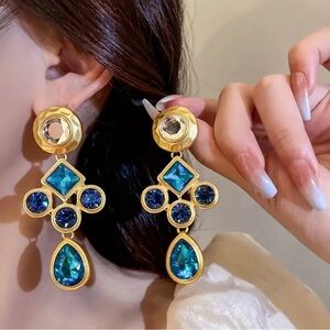Anthropologie Bohemian Style Gold and Blue Statement Earrings